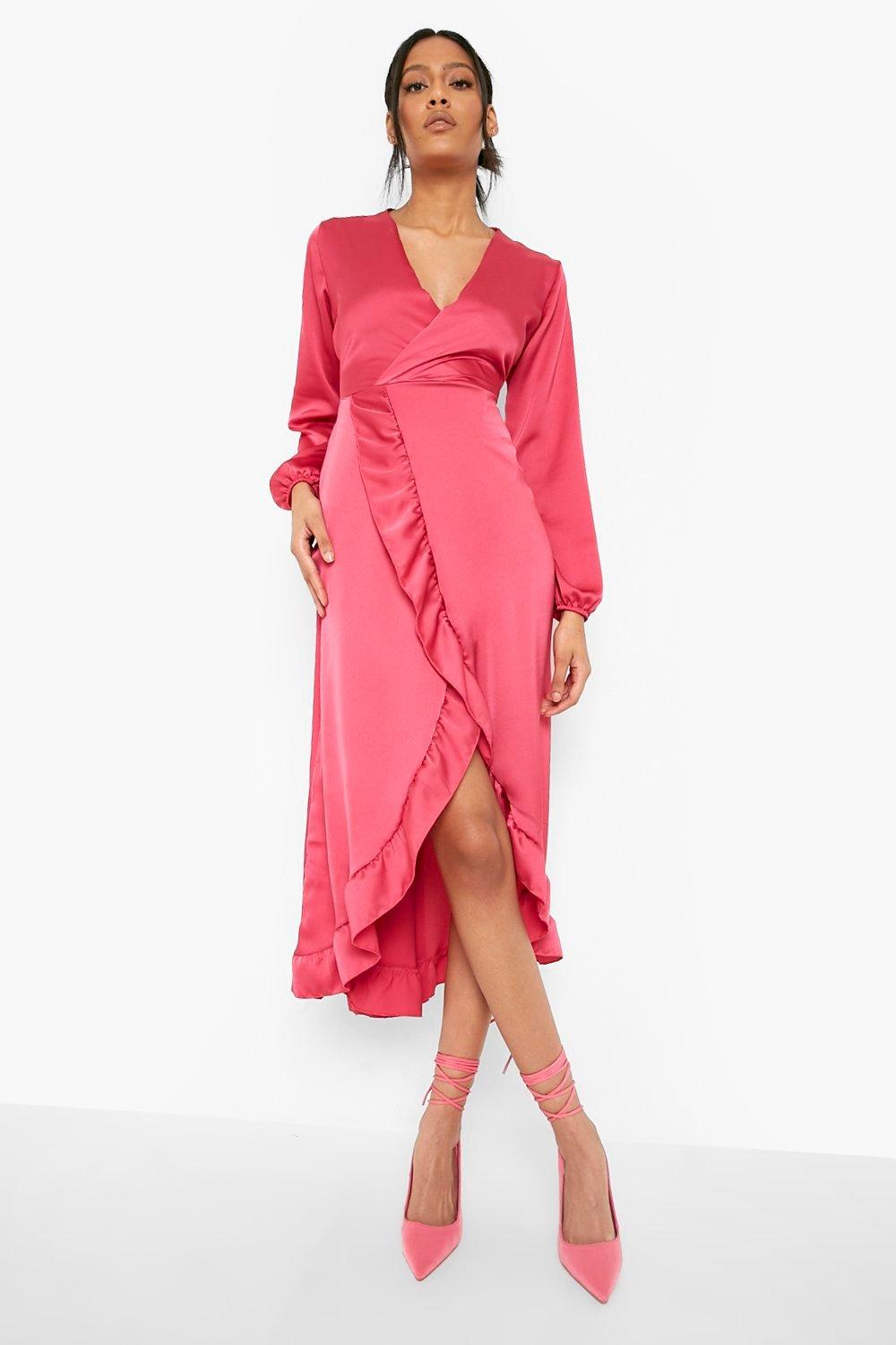 Boohoo pink wrap store dress